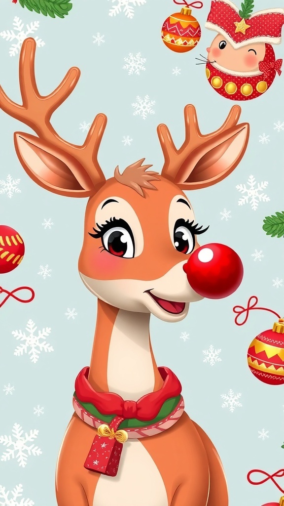 Rudolph the Red-Nosed Reindeer Christmas wallpaper with snowflakes and festive decorations.